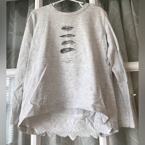 Zara size 6 Les Plumes hand drawn feathers light heather gray long sleeve EUC